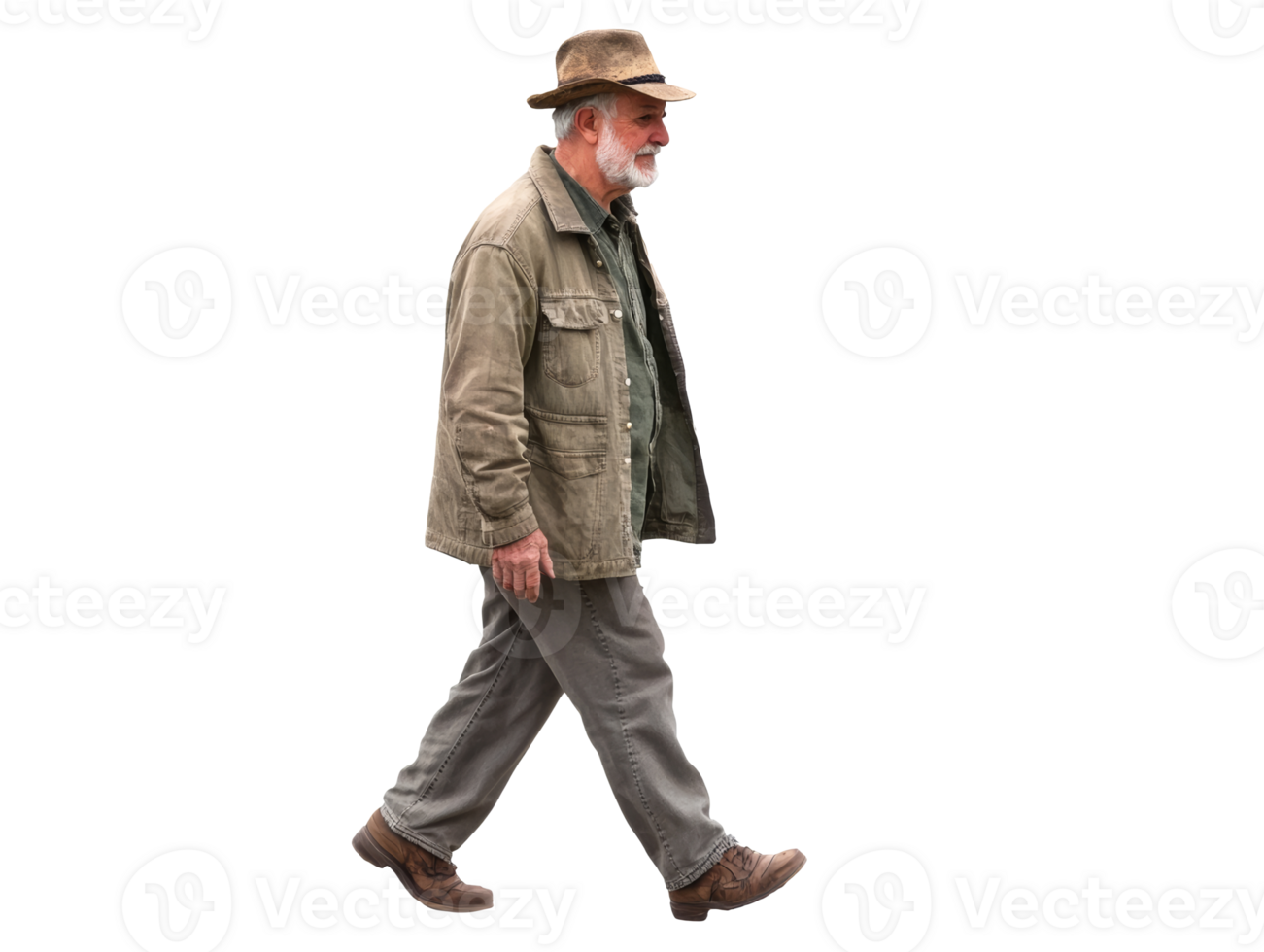 Man walking casually in outdoor setting wearing hat and jacket, transparent png