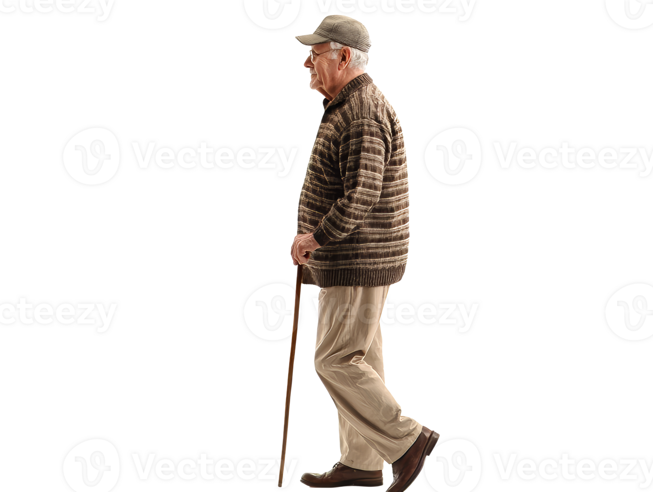 Elderly man walking with cane in casual attire at home, transparent png