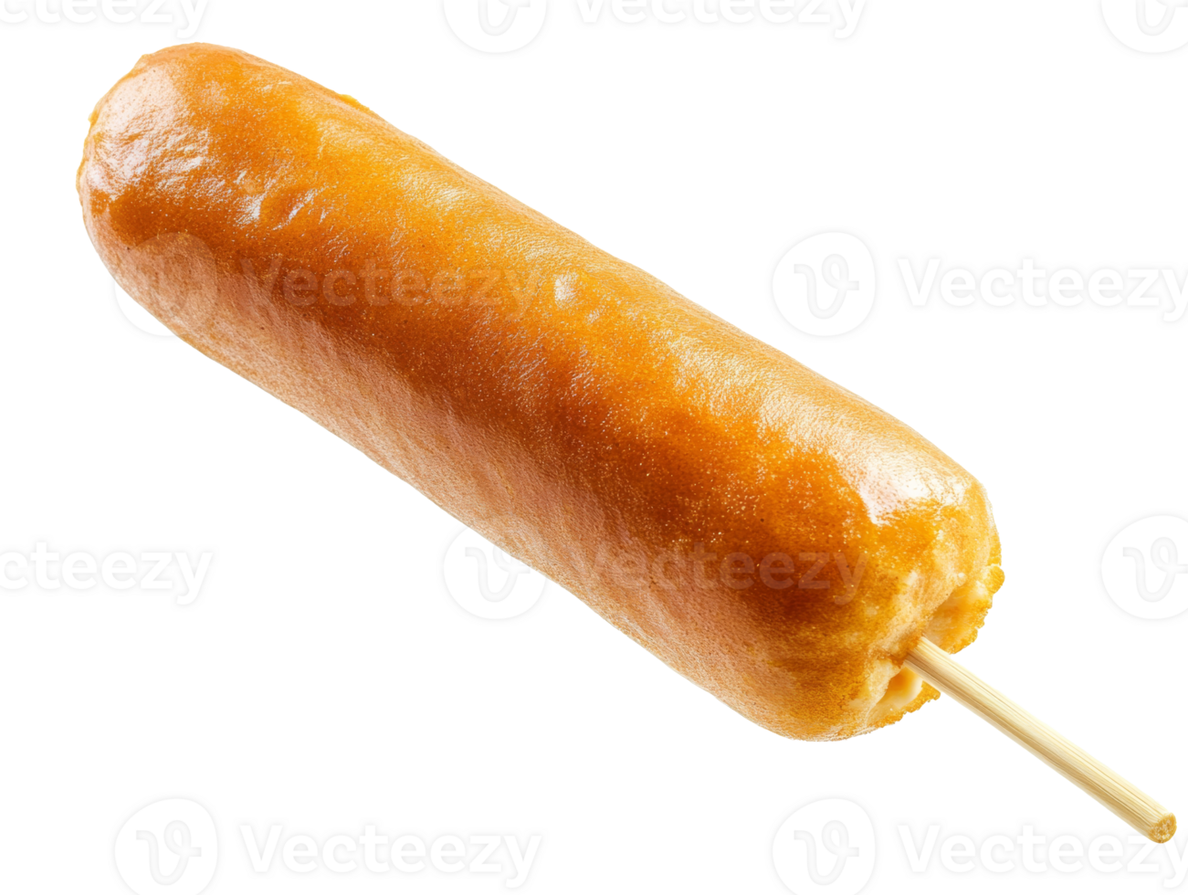 Delicious corn dog on a stick ready for a tasty snack, transparent png