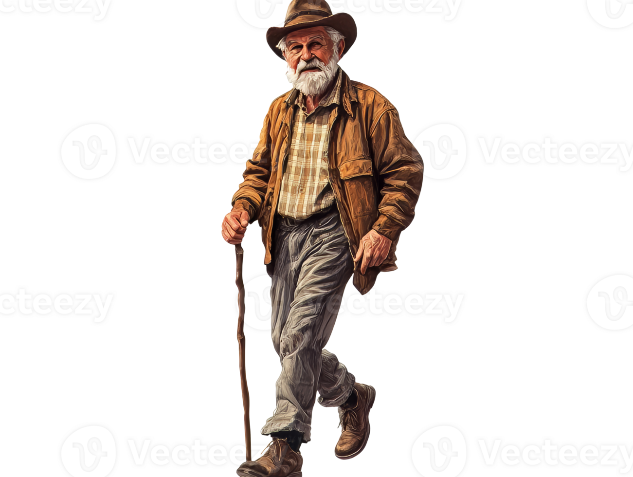 Elderly man in a plaid shirt walking with a cane during daytime, transparent png