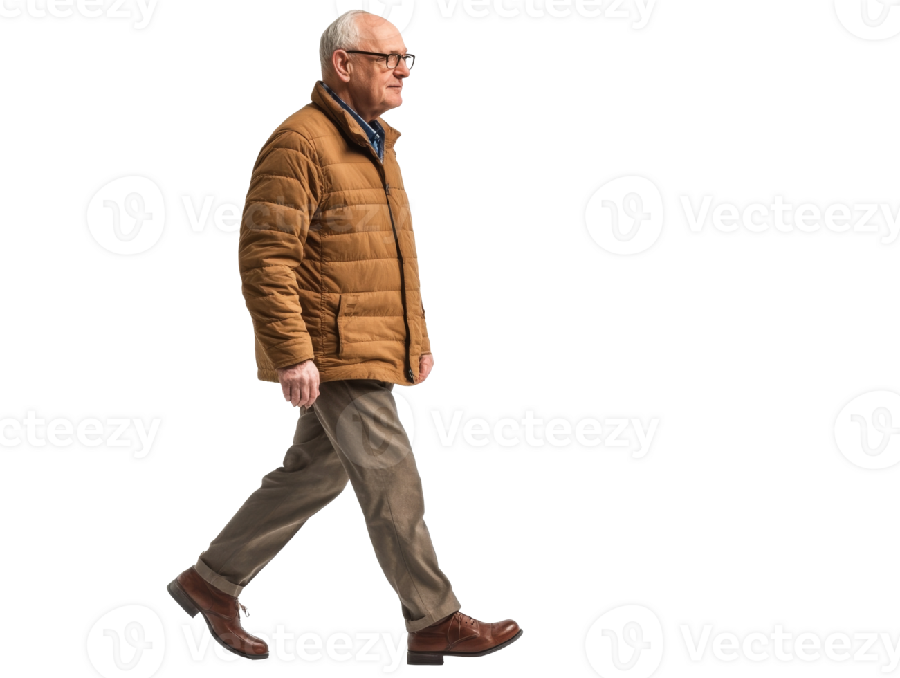 Elderly man walking in a brown jacket on a white background, transparent png