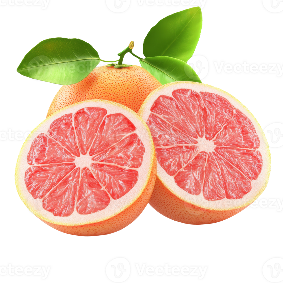 Freshly sliced grapefruit with vibrant pink flesh and green leaves, transparent png
