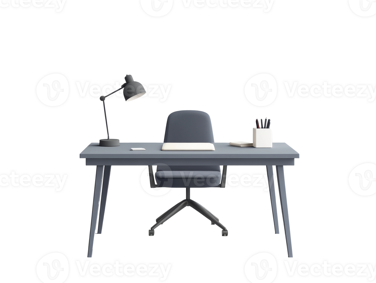Modern desk setup with chair, lamp, and stationery in a bright space, transparent png