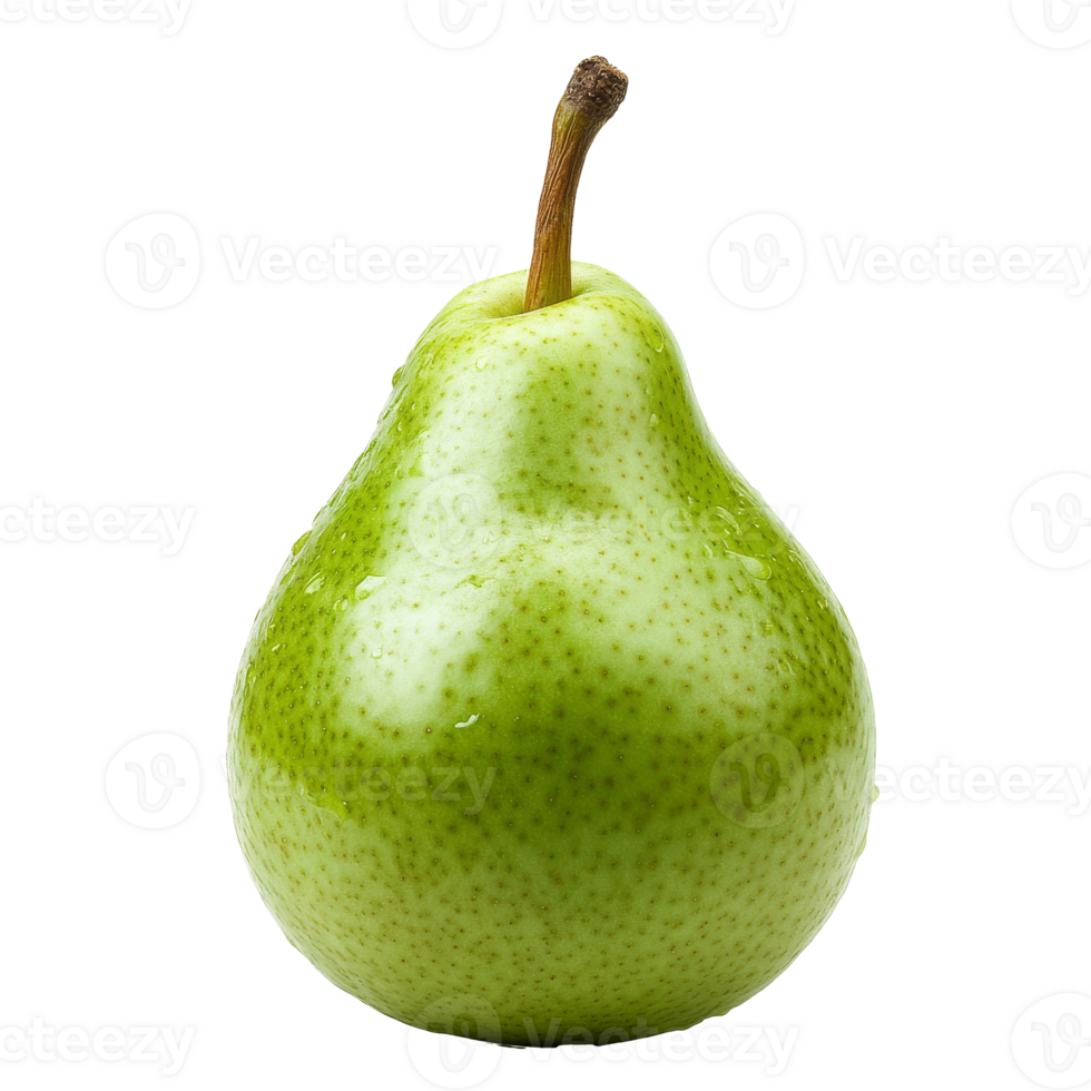 Fresh green pear on a plain background with water droplets, transparent png