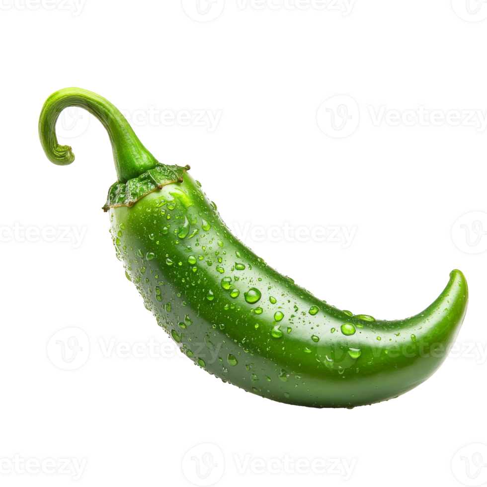 Fresh green jalapeno pepper with water droplets on surface, transparent png