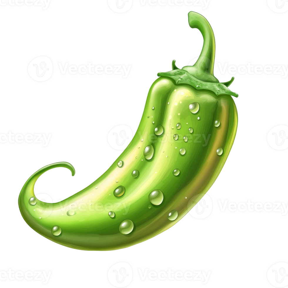 Fresh green chili pepper with water droplets on a white background, transparent png