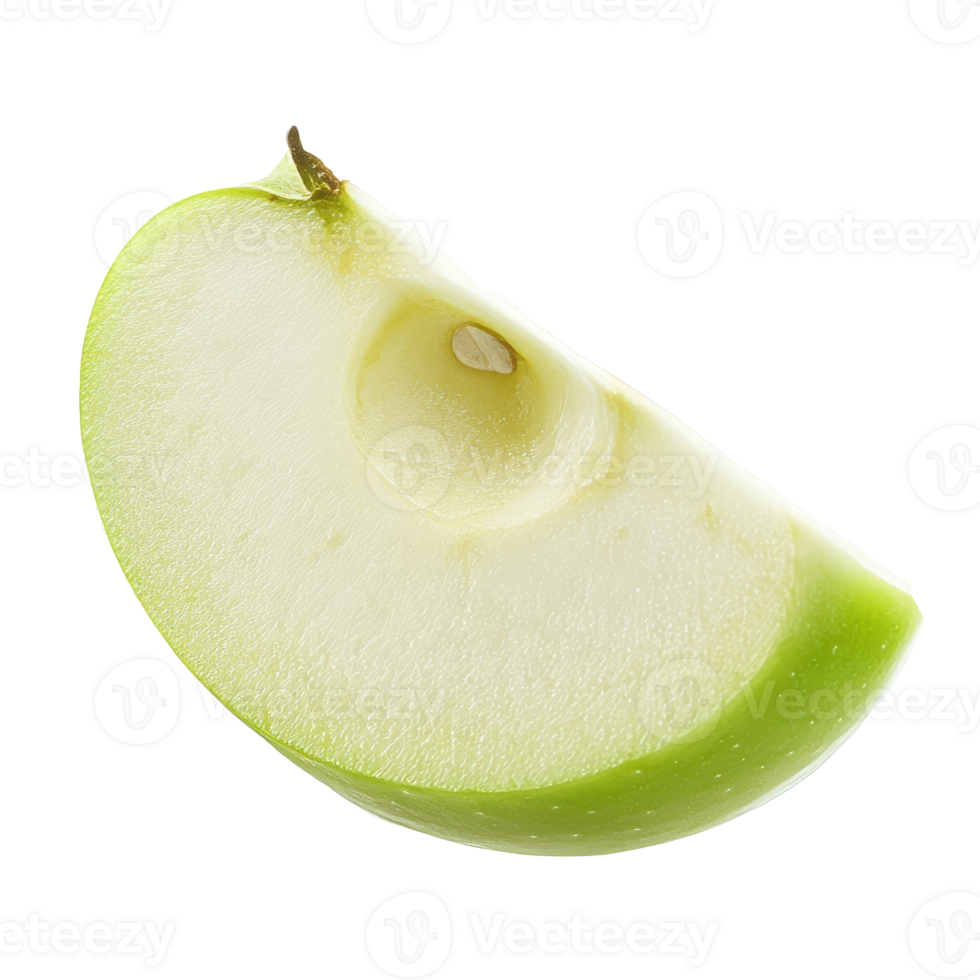 Green apple slice on white, highlighting its juicy inside, transparent png