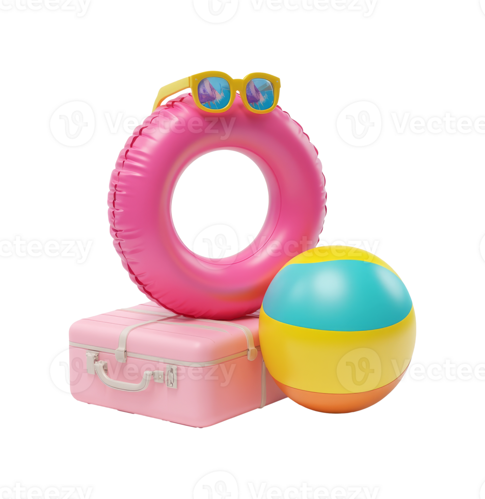 Summer beach essentials including a pink float and colorful ball, transparent png