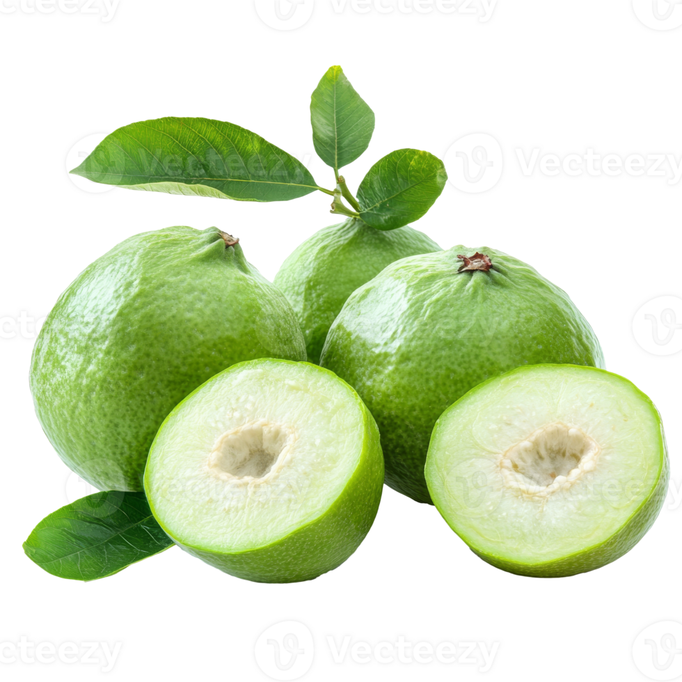 Fresh green guavas with leaves on a simple white background, transparent png