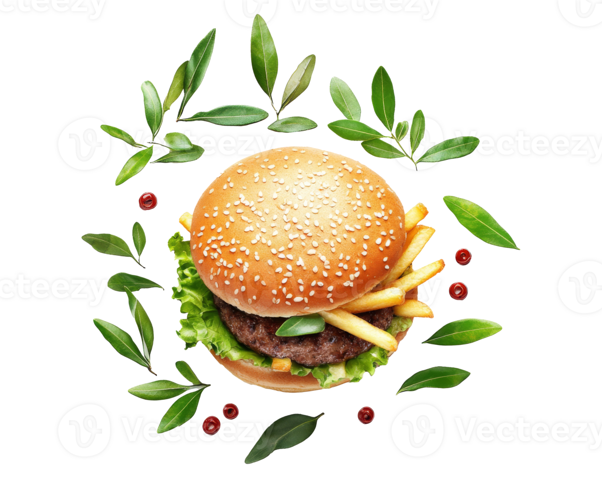 Delicious hamburger topped with lettuce and fries, surrounded by herbs, transparent png