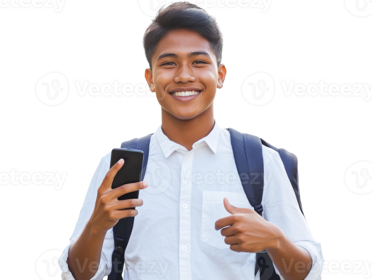 Cheerful student holding a smartphone on campus during the day, transparent png