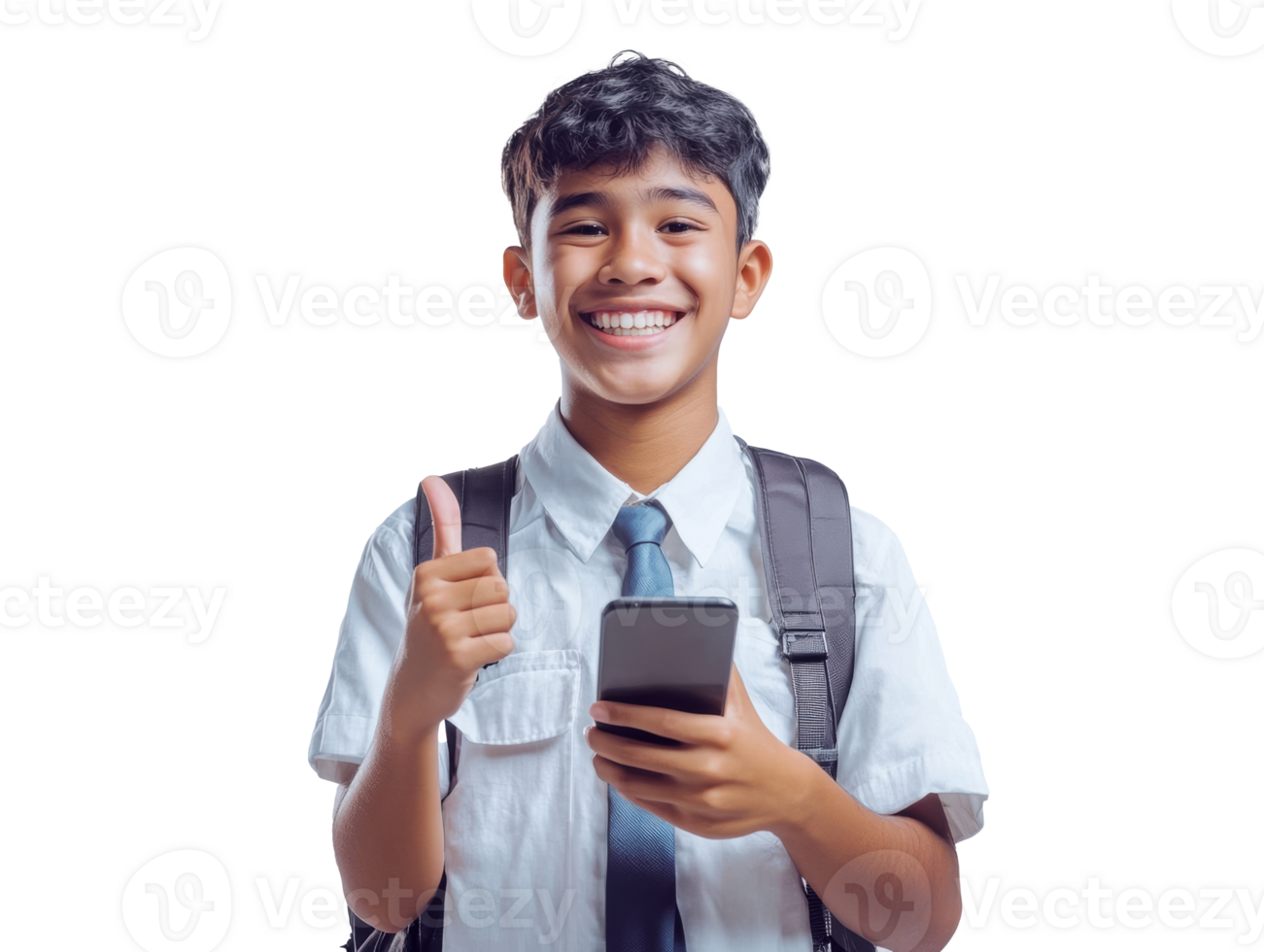 Student in uniform giving a thumbs up with smartphone, transparent png