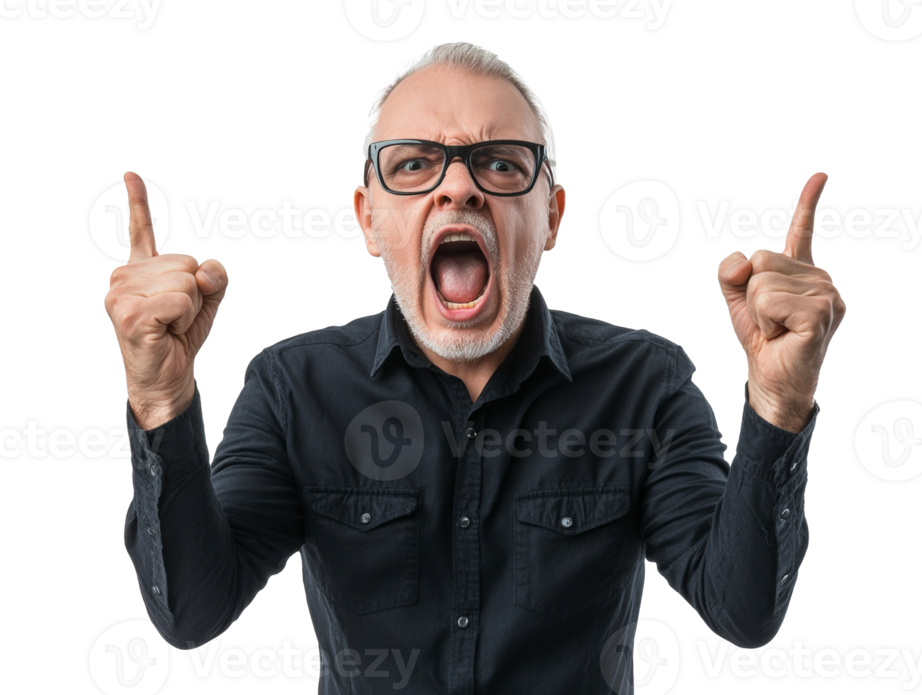 Man expressing frustration with raised hands in a bright setting, transparent png