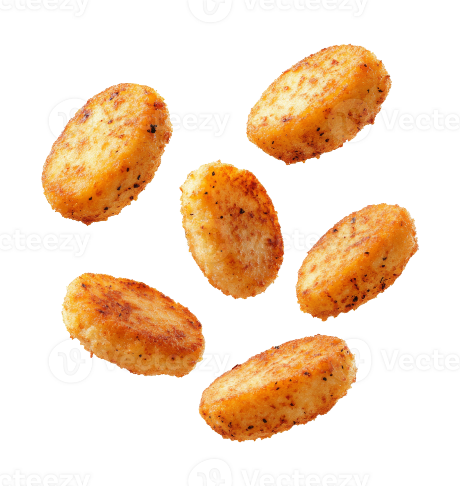 Crispy golden potato patties on a white background, transparent png