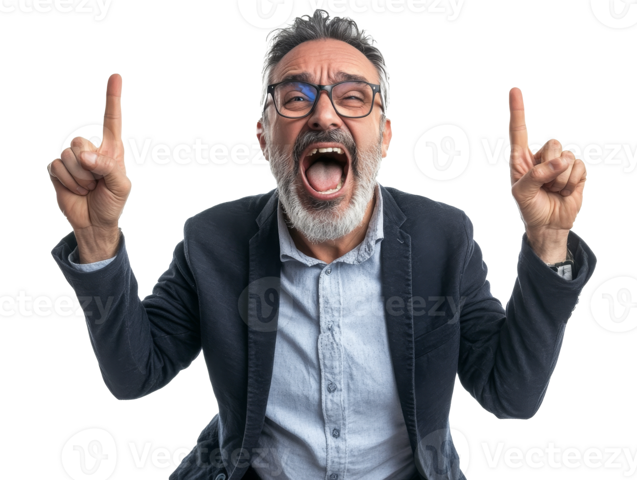 Excited man celebrating with raised fingers in a bright setting, transparent png