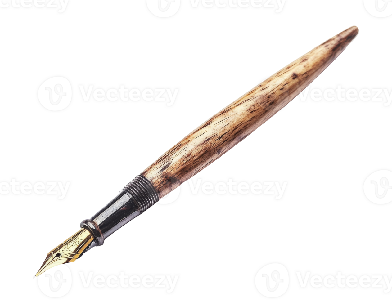 Elegant wooden pen with golden nib displayed on a white background, transparent png
