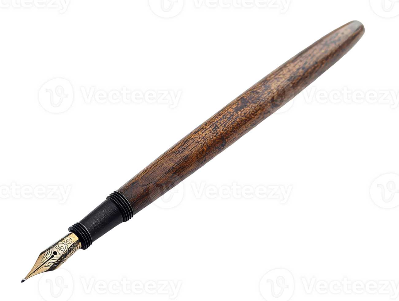 Elegant wooden fountain pen with a gold nib on a white background, transparent png