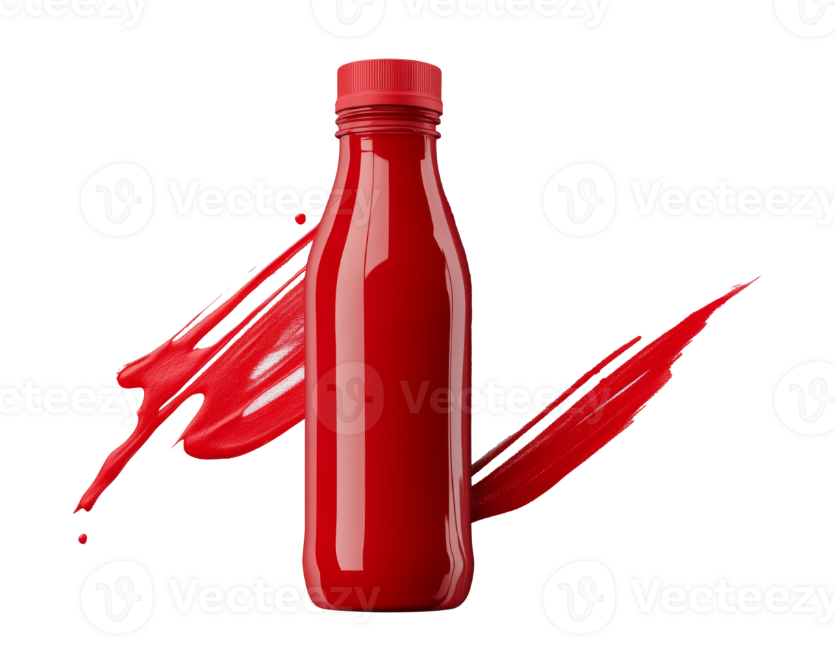 Red bottle with vibrant paint splashes creating an artistic effect, transparent png