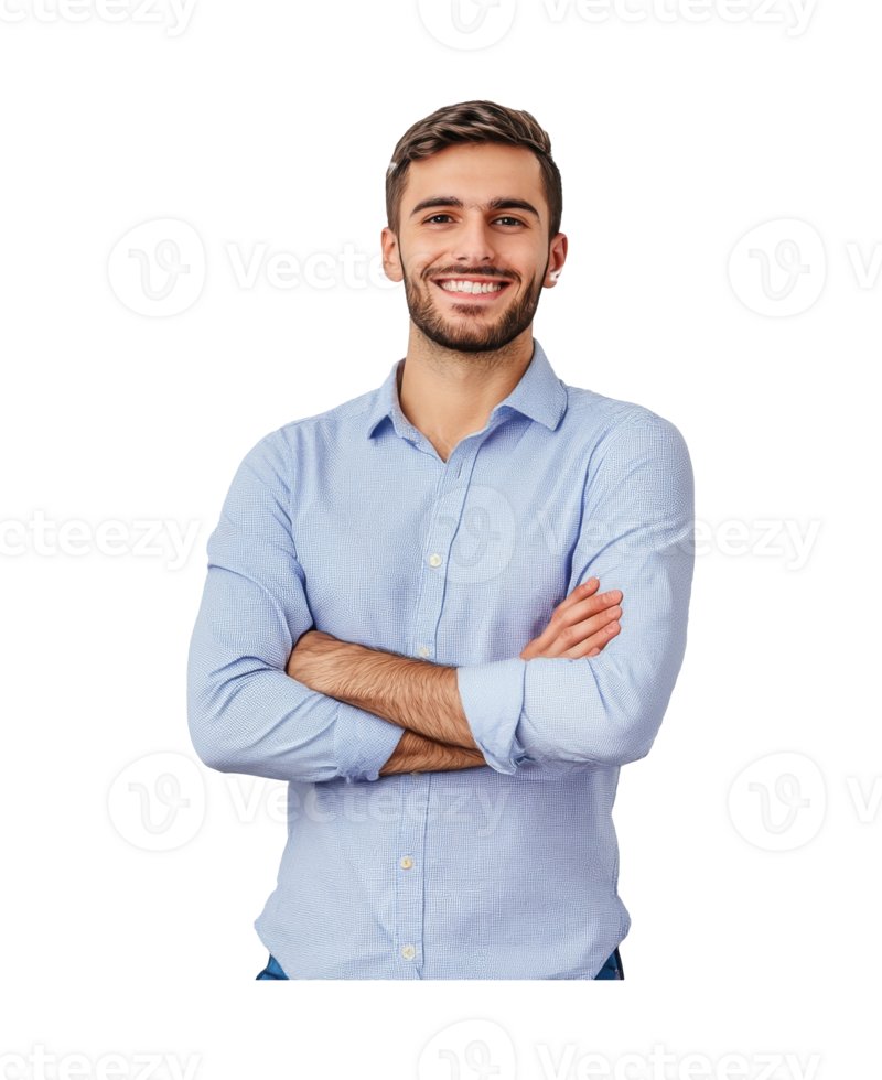 Smiling man in a light blue shirt poses confidently in studio setting, transparent png