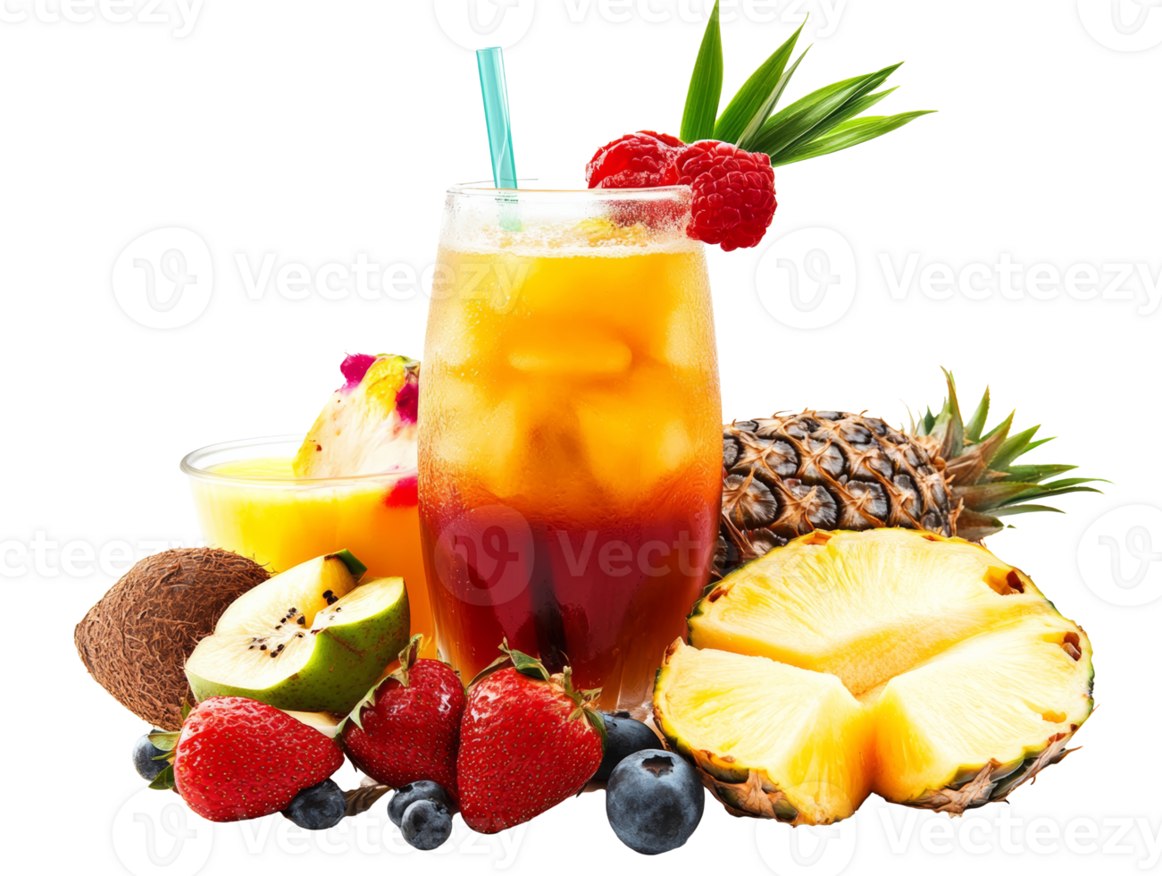 Refreshing tropical drink with assorted fresh fruits and flavors, transparent png
