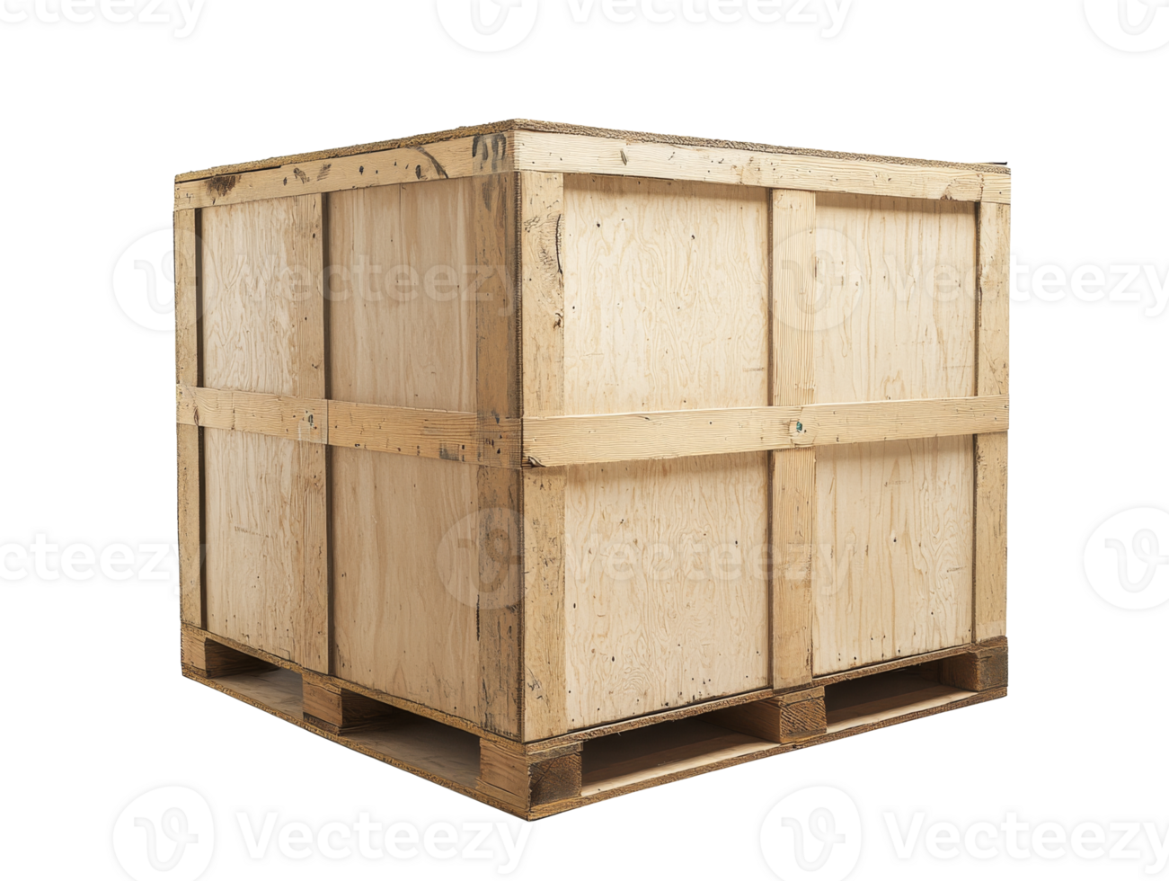 Wooden shipping crate on pallet situated indoors in a warehouse, transparent png