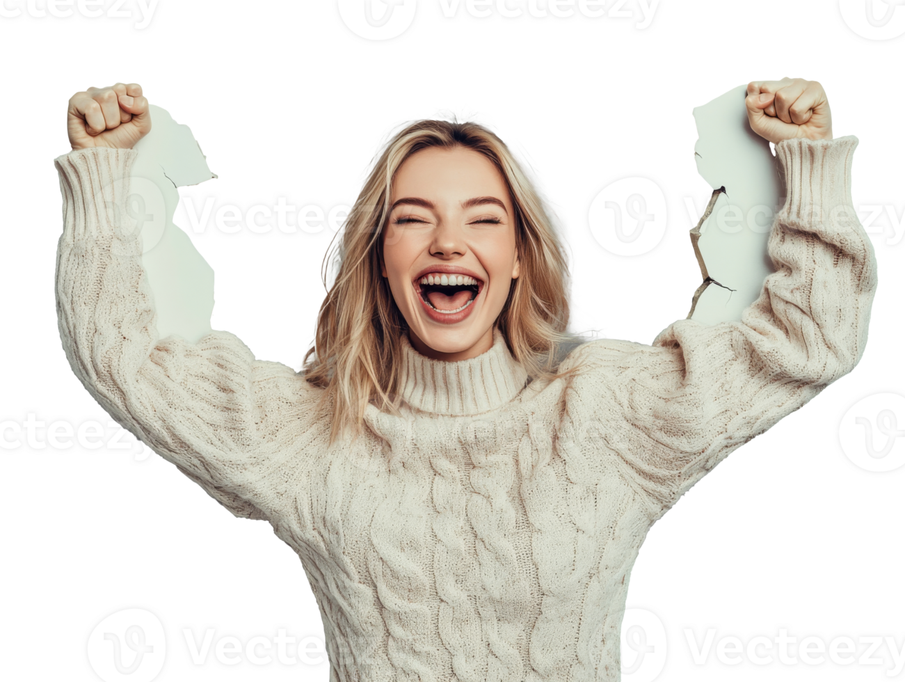 Excited woman breaks through paper with joy in a cozy sweater, transparent png
