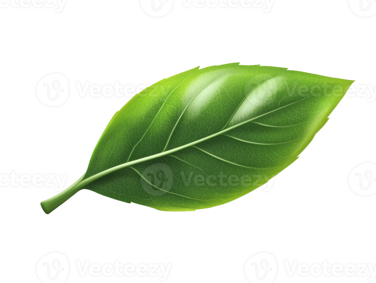 Green leaf with visible veins resting on a clean background, transparent png