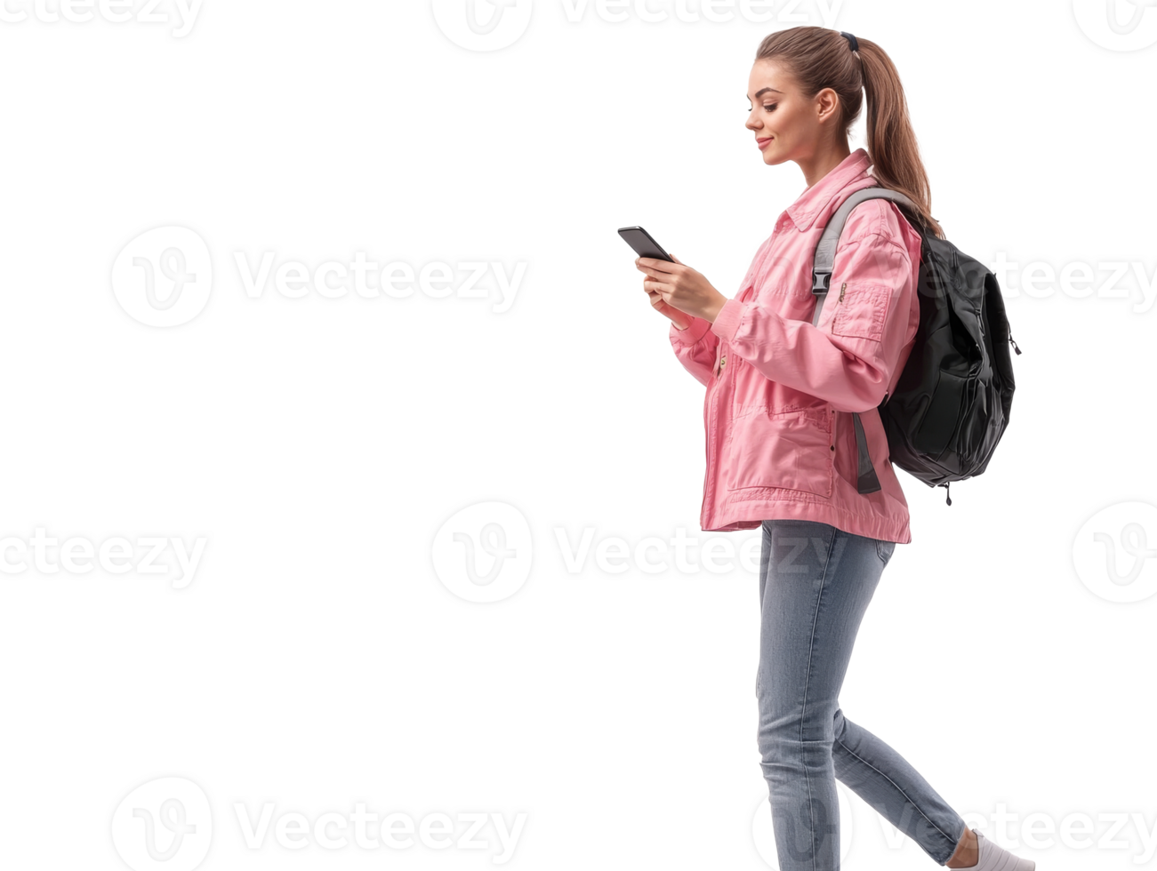 Young woman walking with backpack while texting in urban setting, transparent png