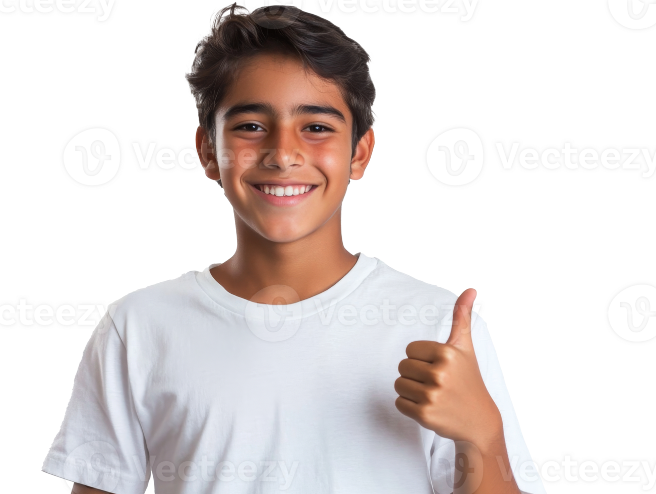 Young boy smiling and giving a thumbs up with a cheerful expression, transparent png