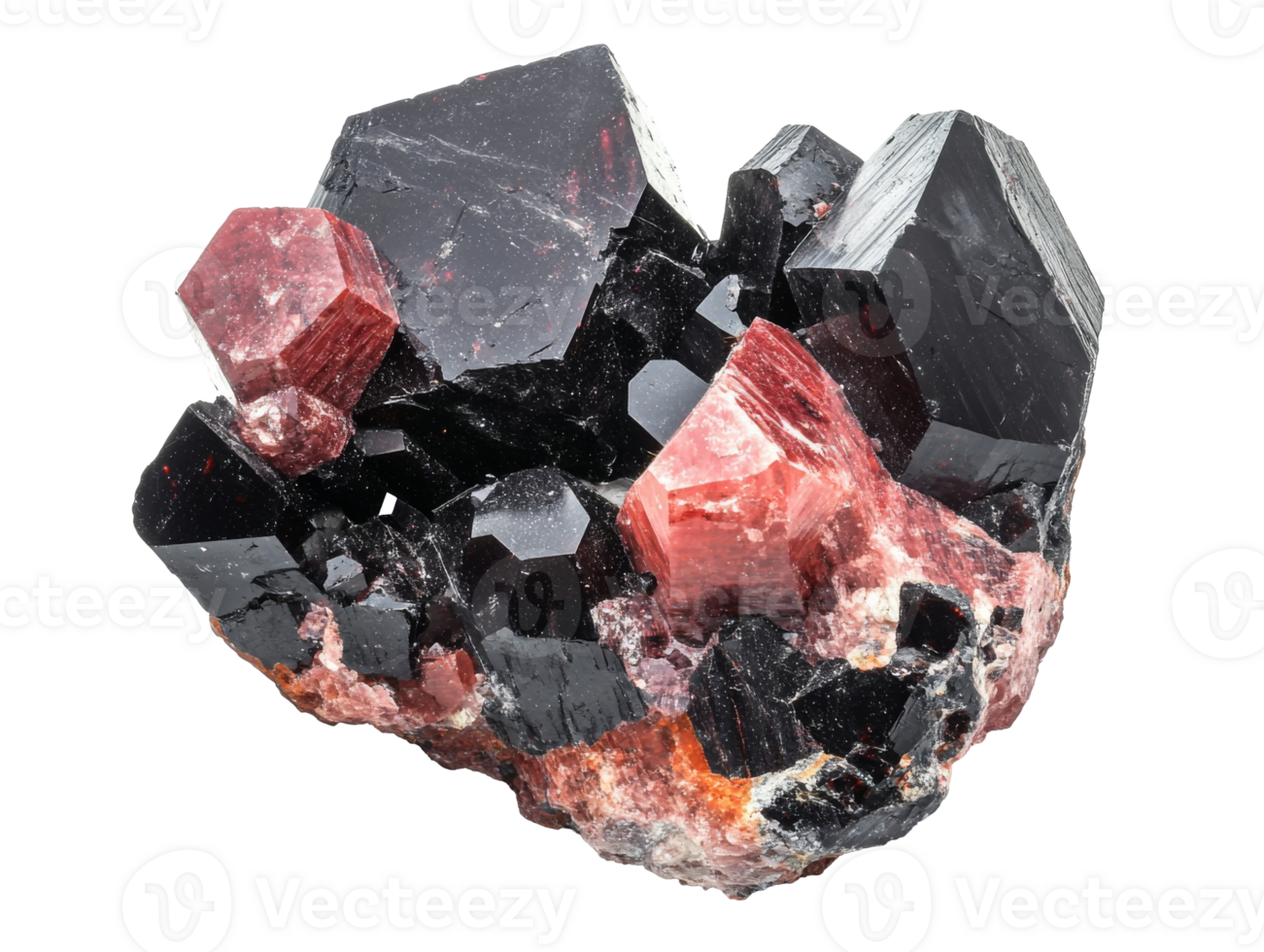 Stunning mineral specimen with red and black crystals, transparent png