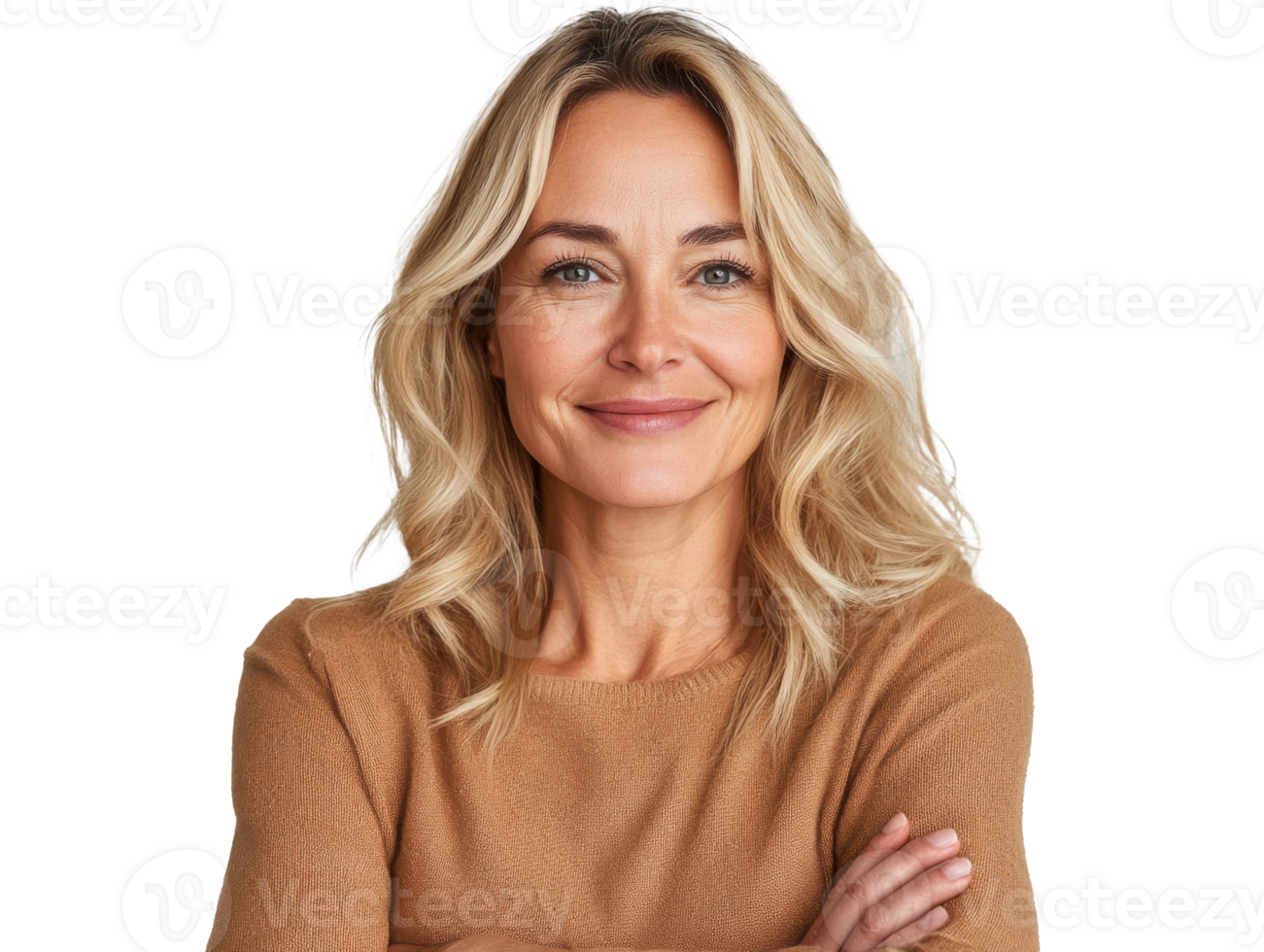 Smiling woman with blonde hair wearing a cozy sweater at home, transparent png
