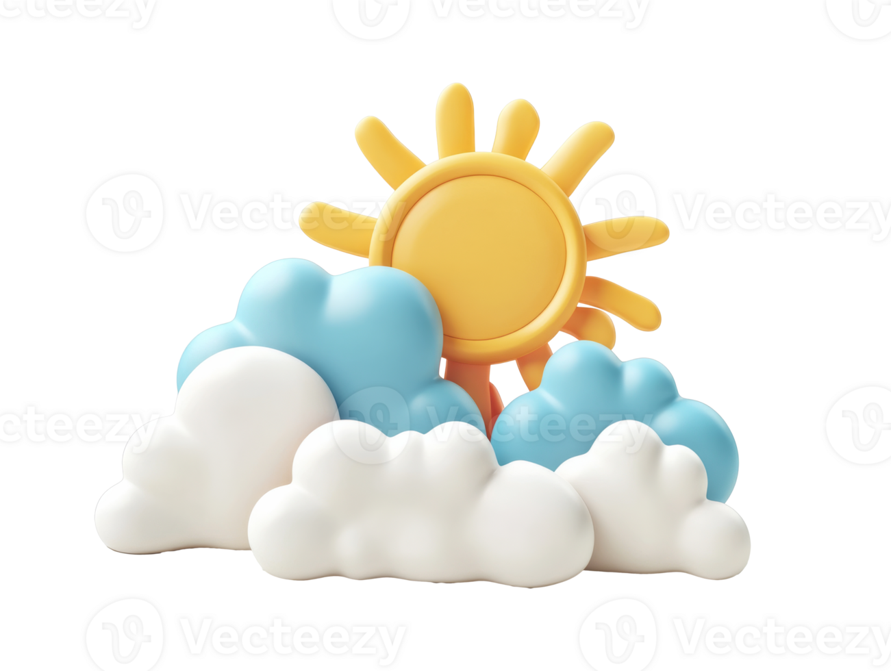 Bright sun shining behind fluffy clouds in a playful design, transparent png