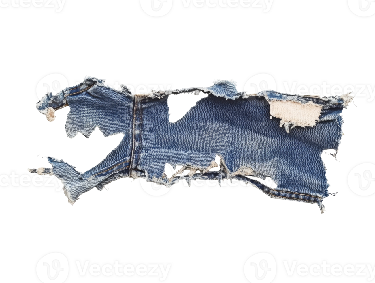 Torn denim fabric piece on a white background showcasing texture, transparent png