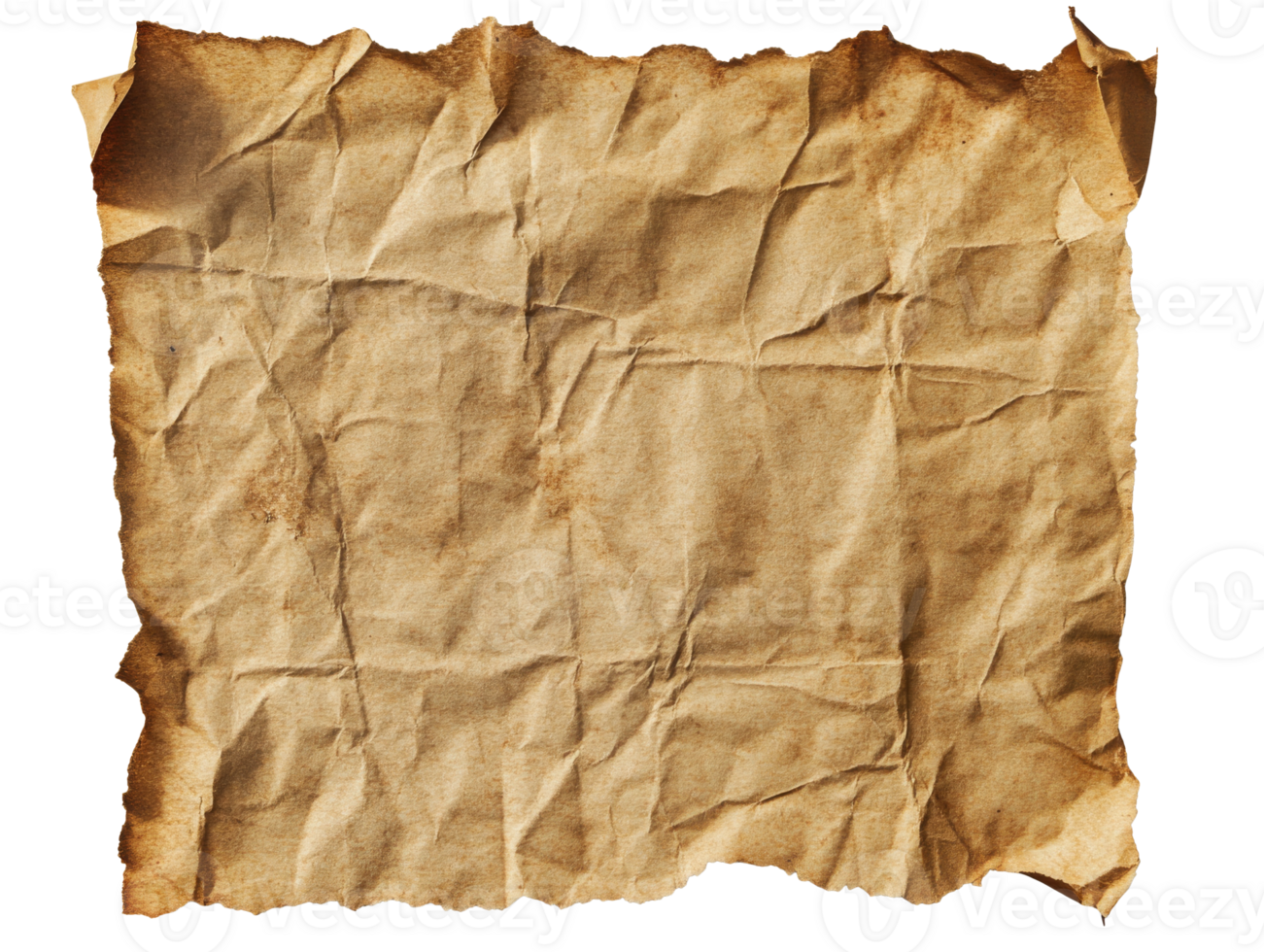 Aged, crumpled parchment reminiscent of ancient manuscripts on display, transparent png