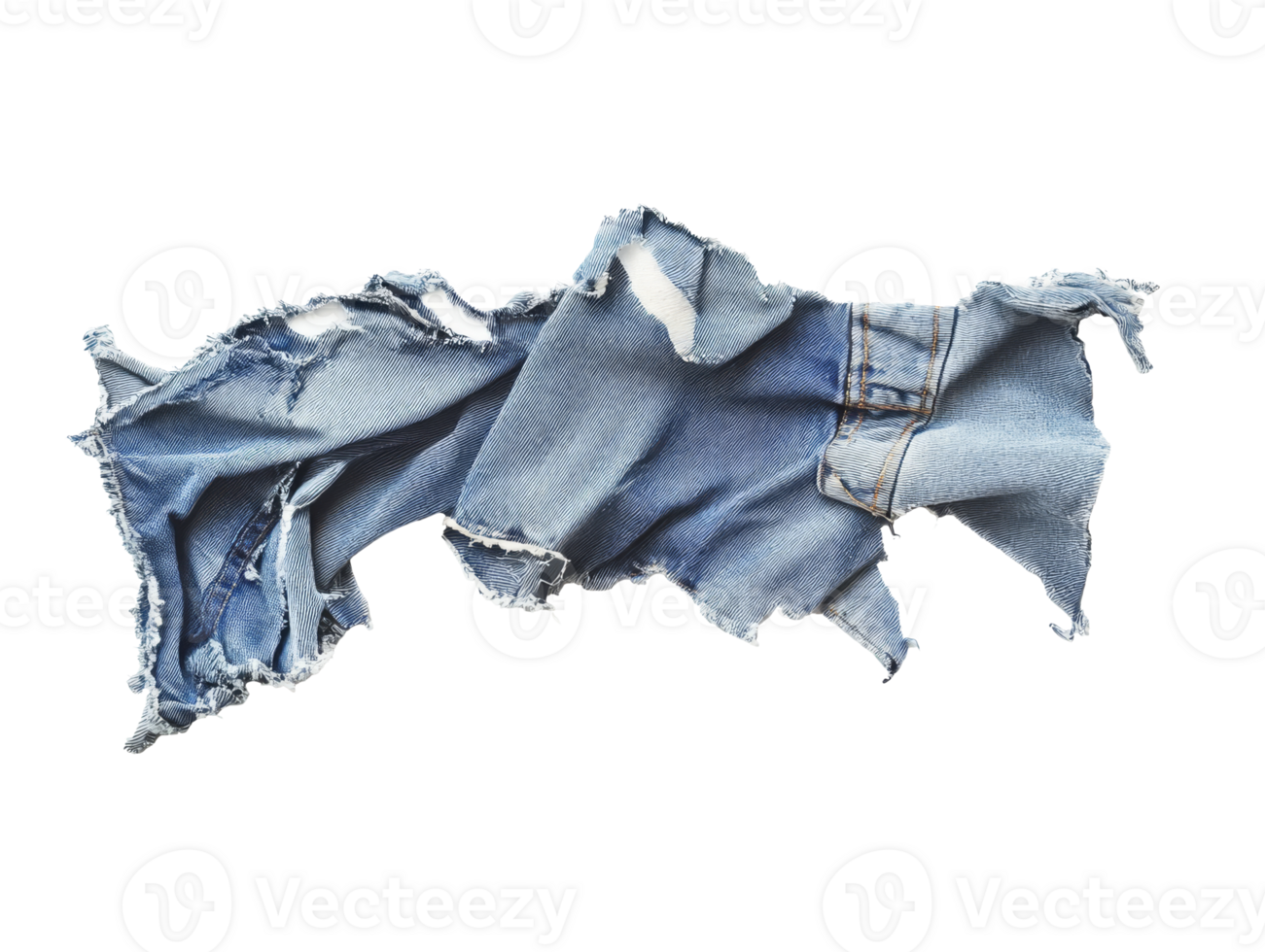 Torn denim fabric showcasing frayed edges on a white background, transparent png