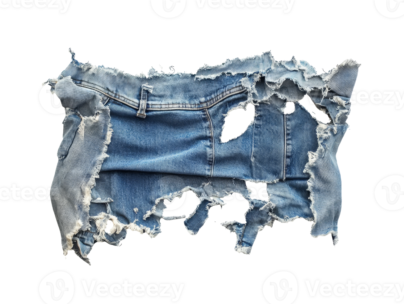 Torn denim fabric with frayed edges displayed on a white background, transparent png