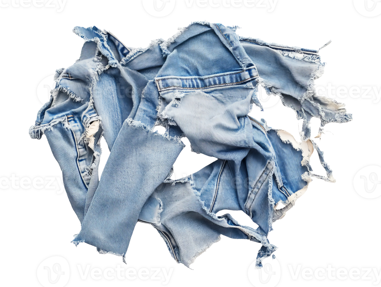 Wrinkled pieces of torn denim fabric on a white background, transparent png