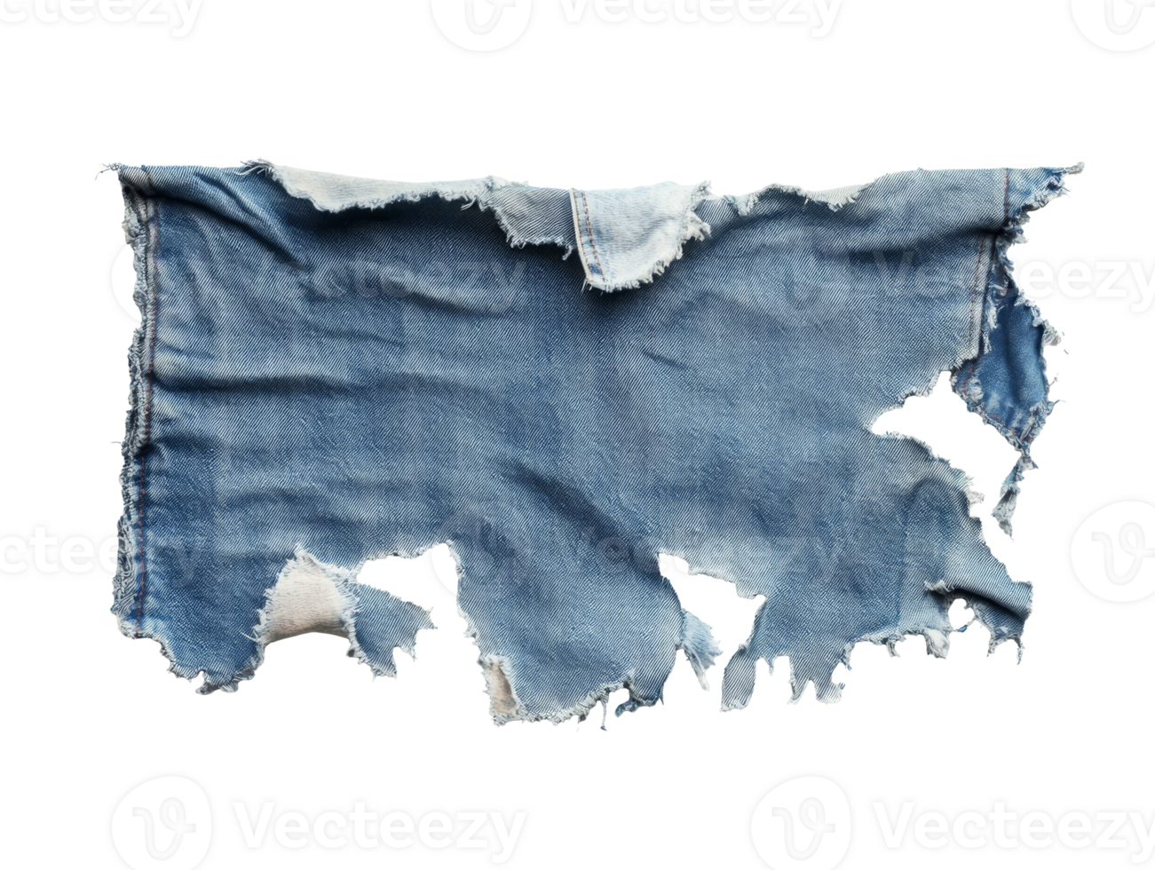 Torn piece of denim fabric laying on a white background, transparent png
