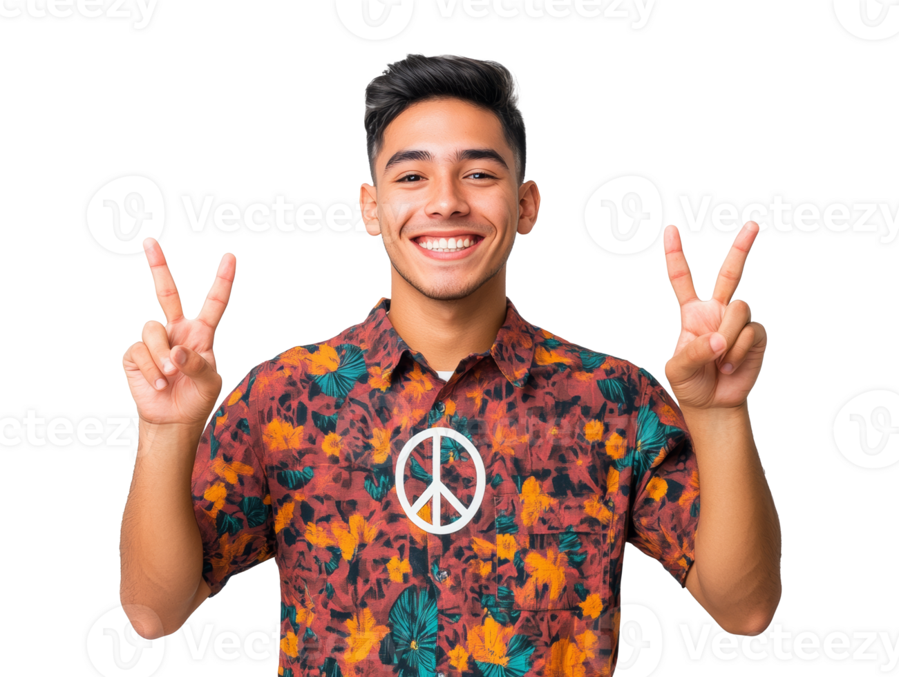 Jeune homme montrant paix panneaux dans vibrant floral chemise à l'intérieur, transparent png