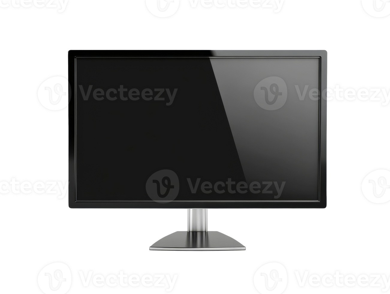 Modern black monitor on a silver stand in a minimalist setting, transparent png