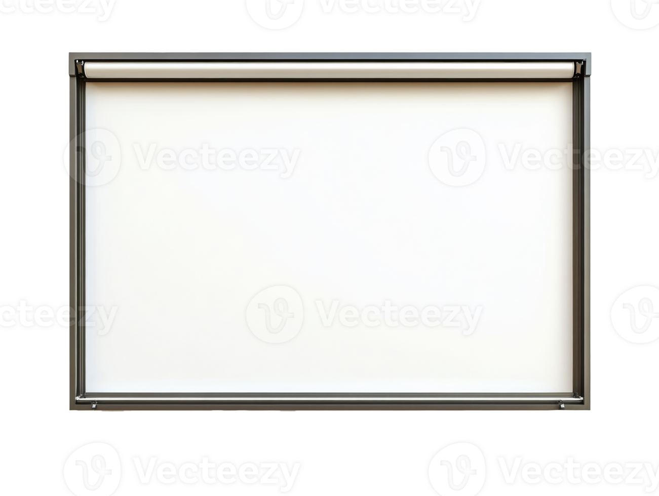 Retractable projection screen mounted on a sturdy frame indoors, transparent png