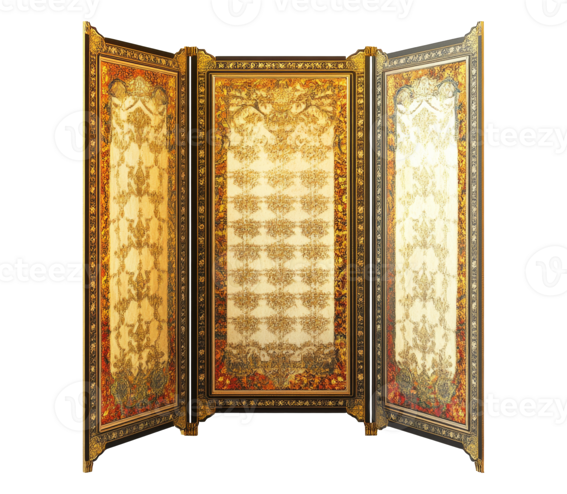 Ornate three-panel folding screen with intricate floral design, transparent png