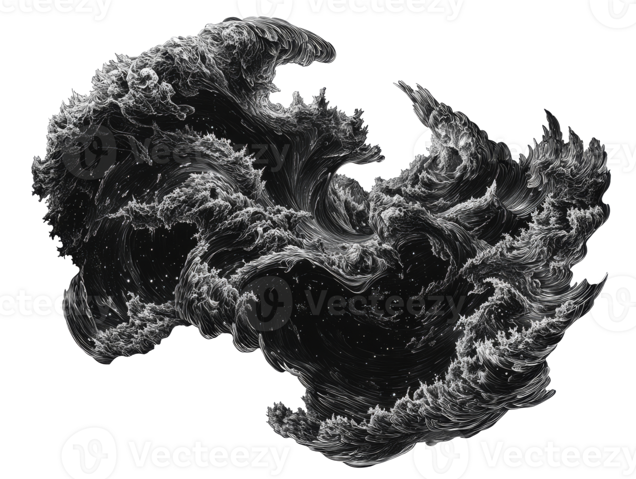 Spectacular black and white waves crashing dramatically in motion, transparent png