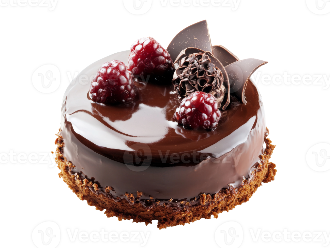 Decadent chocolate cake topped with raspberries and chocolate curls, transparent png