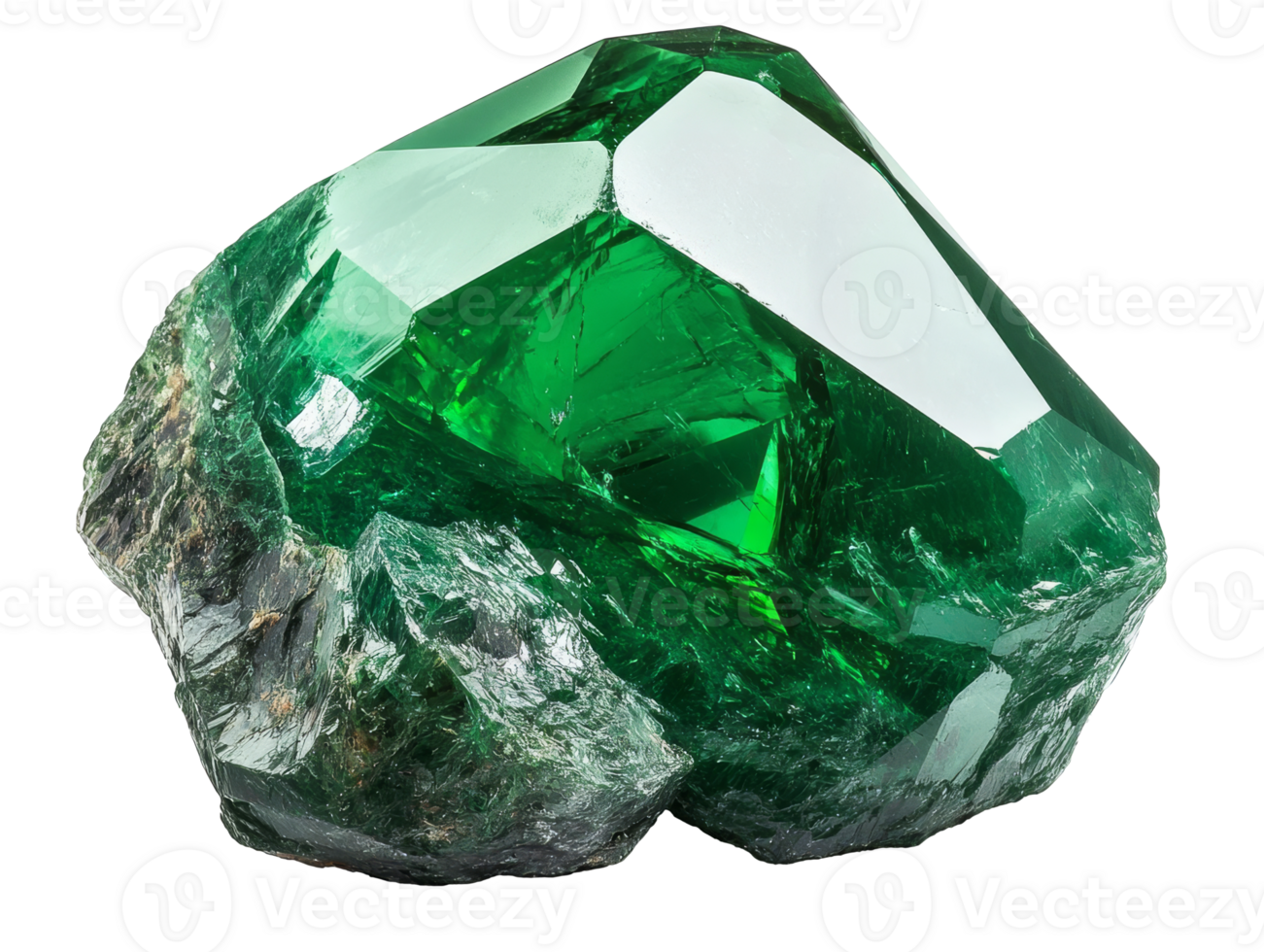 Natural emerald crystal with vivid green color and sharp facets, transparent png