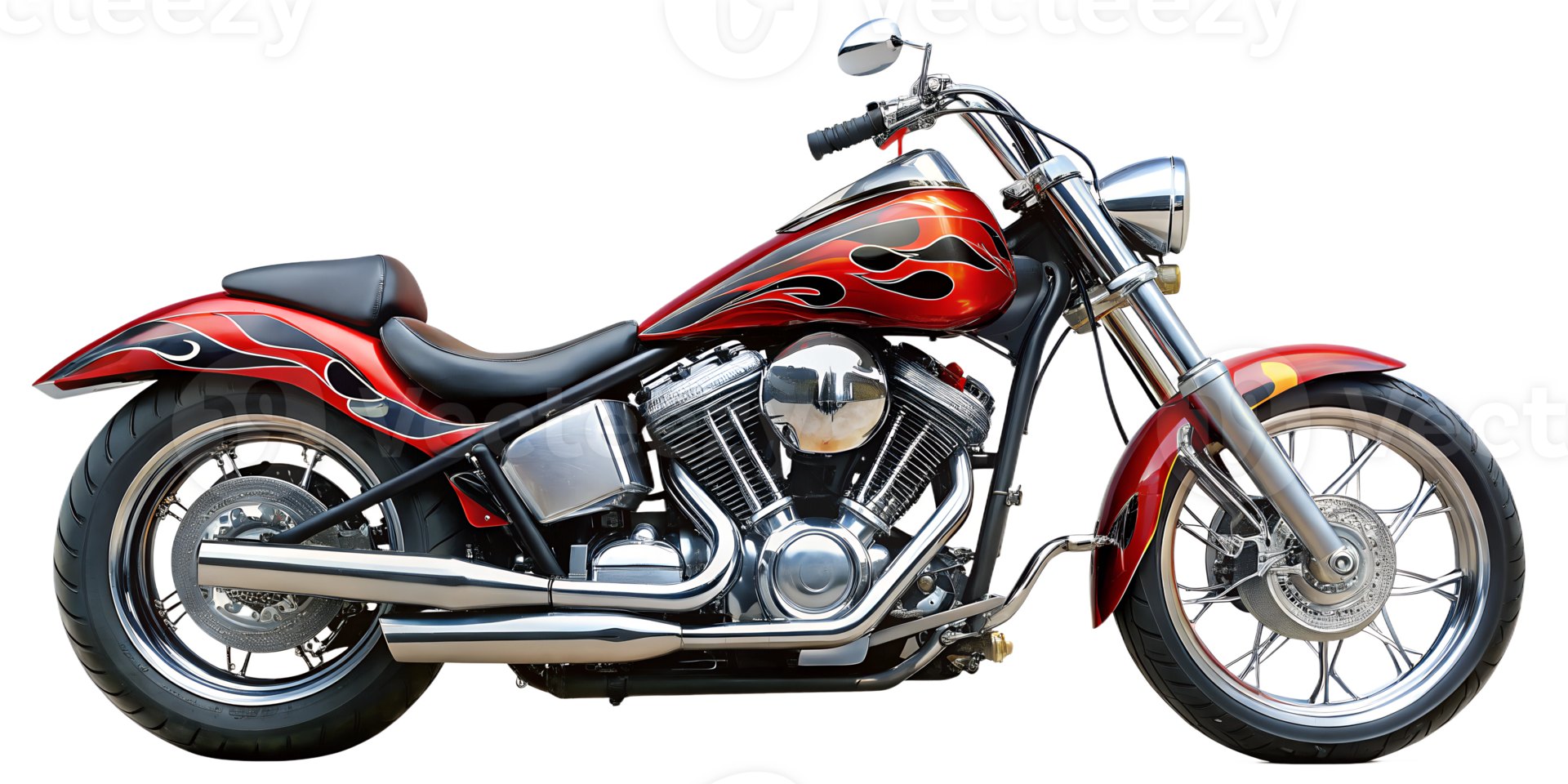 Custom motorcycle with flame design parked on a sunny day, cut out transparent png