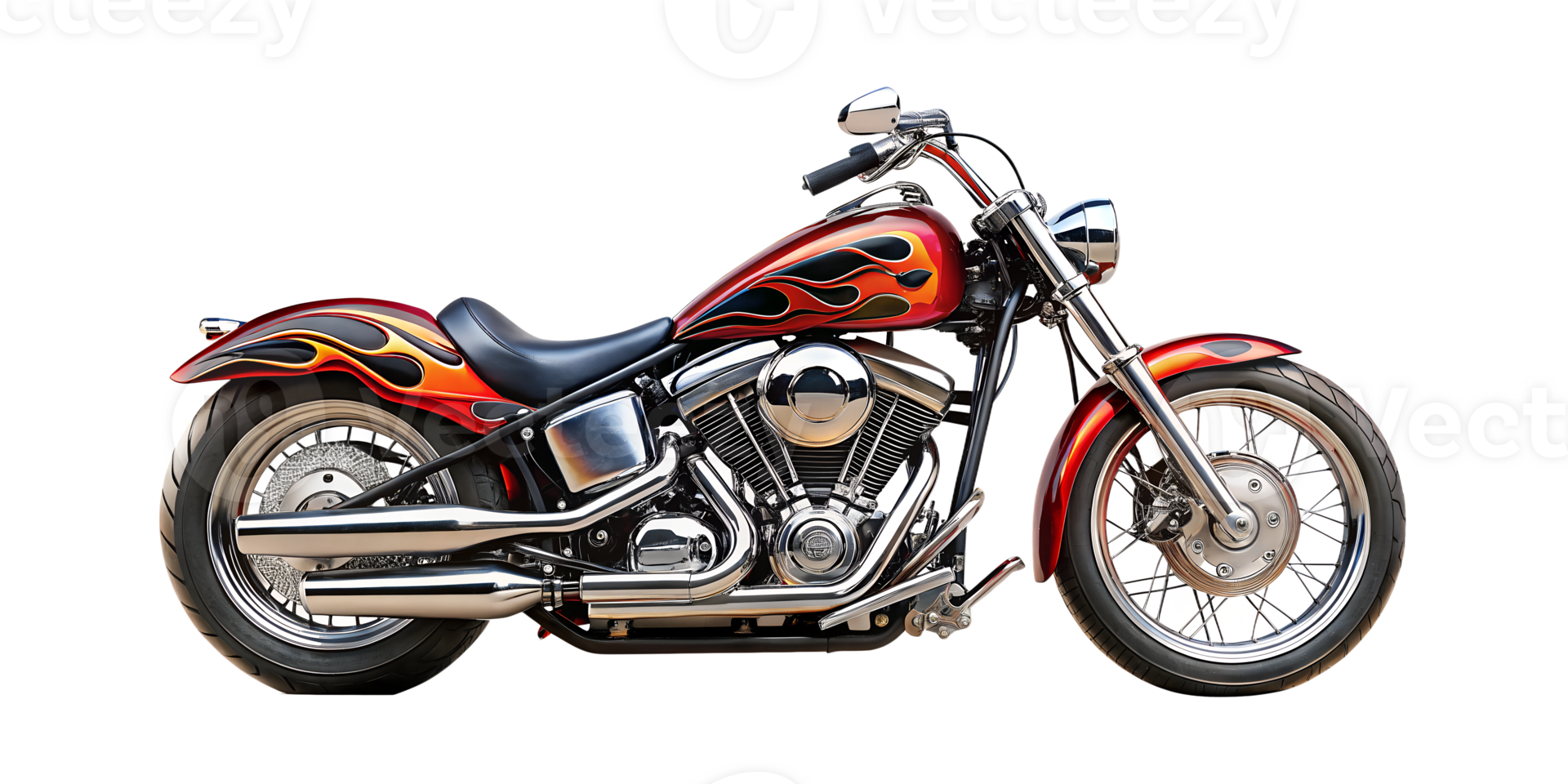 Custom cruiser motorcycle with flame design parked outdoors, cut out transparent png
