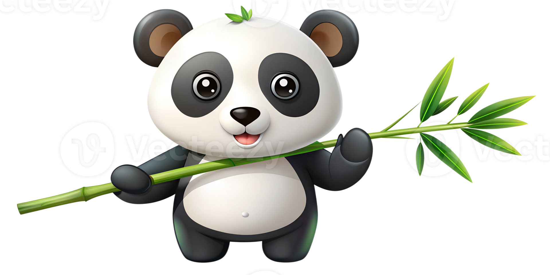 Cute cartoon panda holding bamboo in a playful pose, cut out transparent png