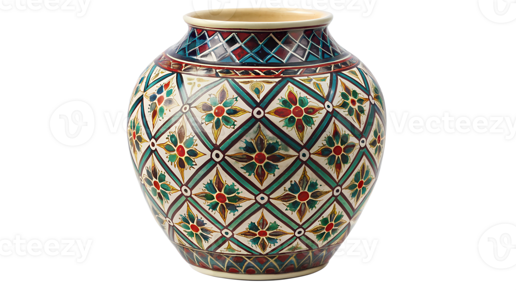 Decorative ceramic vase with intricate patterns and floral designs, cut out transparent png