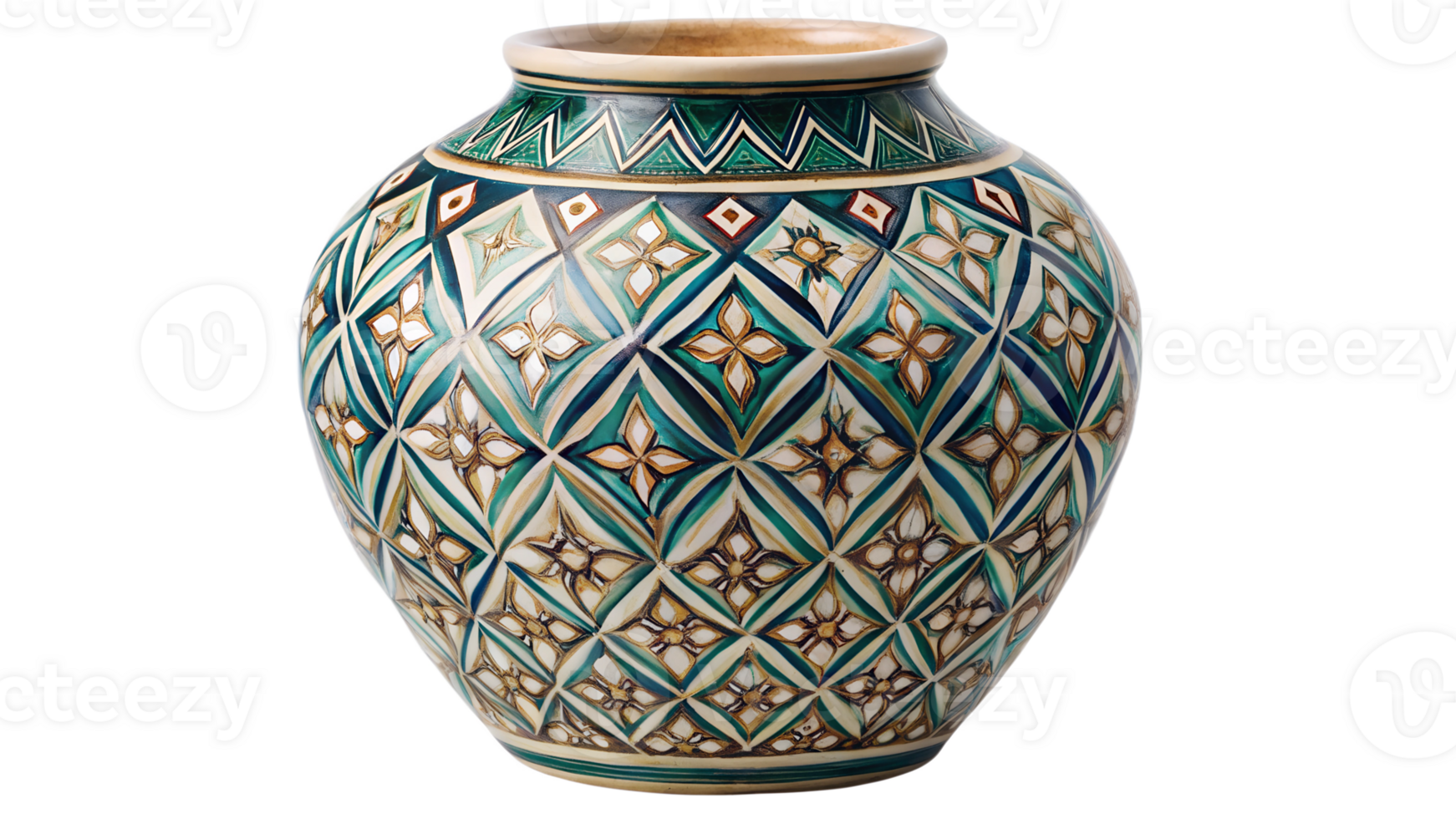 Handcrafted decorative ceramic vase with intricate geometric patterns, cut out transparent png